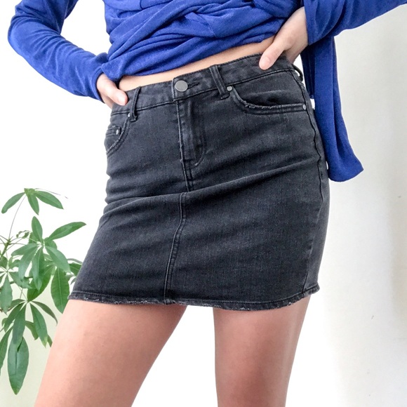 high waisted black denim mini skirt
